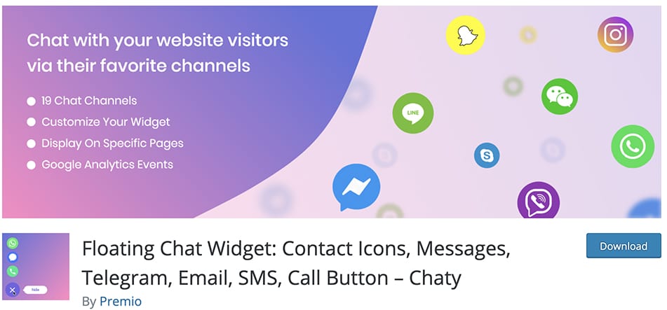 Floating Chat Widget: Contact Icons, Messages, Telegram, Email, SMS, Call Button – Chaty