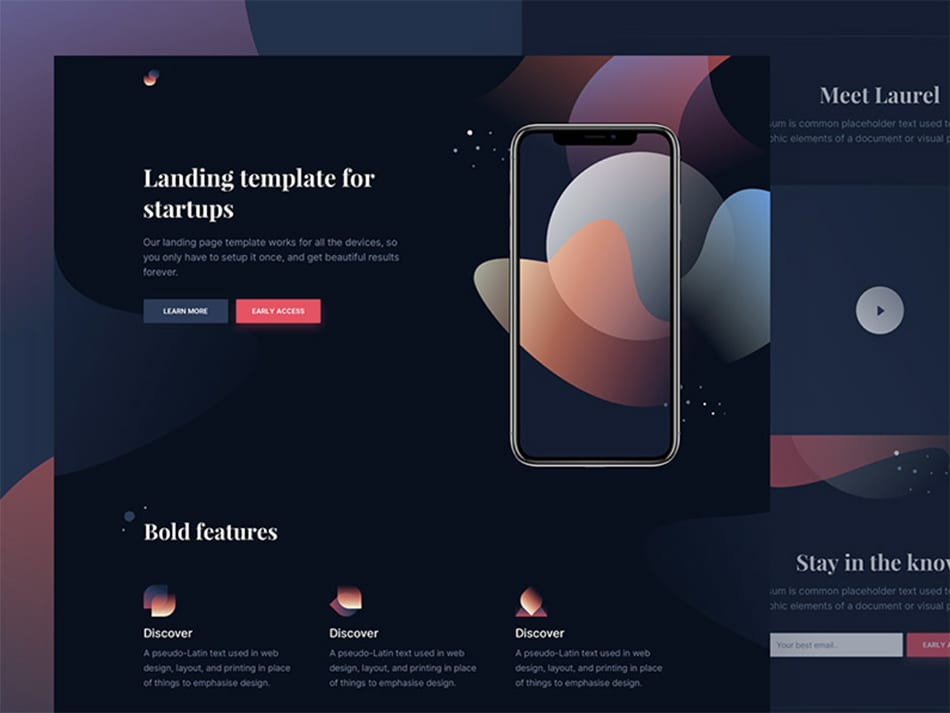 Laurel: Free HTML template for app presentation - Laurel is a free HTML template for presenting mobile apps. It comes with different pre-built sections, like a fully-illustrated hero