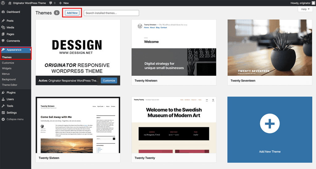 Add new theme inside WordPress dashboard